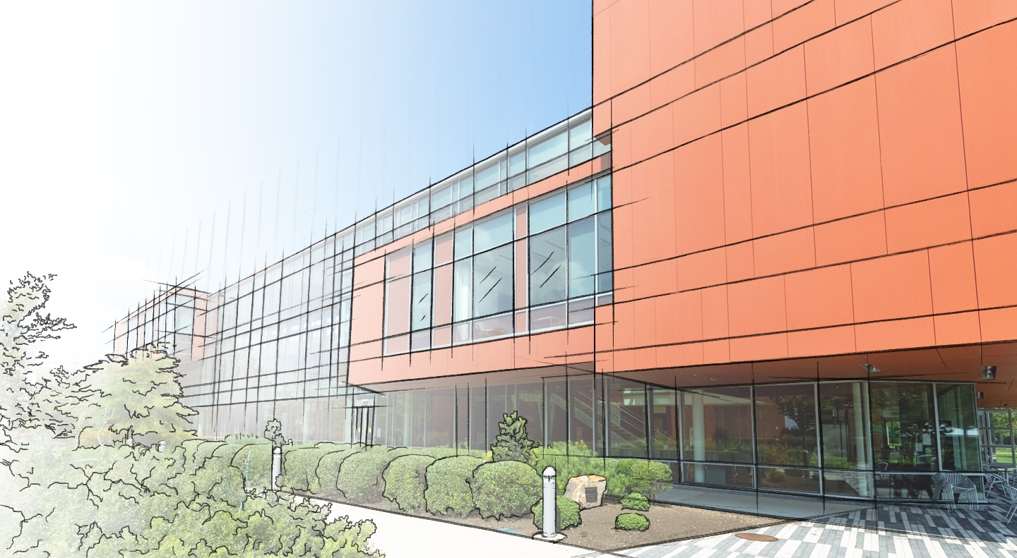 Sketch of building with orange wall panels